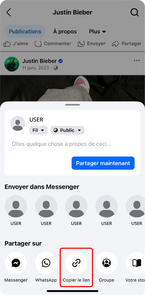 Desktop view of a Mobile view of a Facebook post with ‘Copy link’ button highlighted in the share menu.